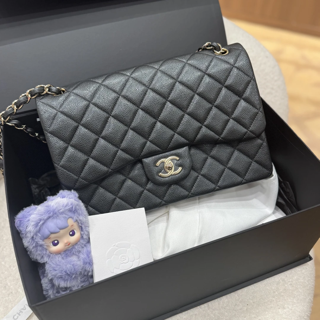 未使用 Chanel/香奈儿 18年票炭灰色荔枝牛皮大号cf jumbo