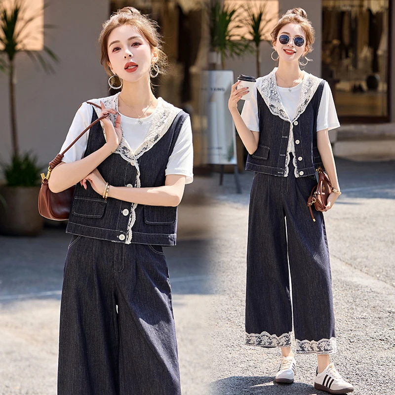 设计感蕾丝拼接牛仔马甲套装女2025春季新款休闲显瘦阔腿裤三件套