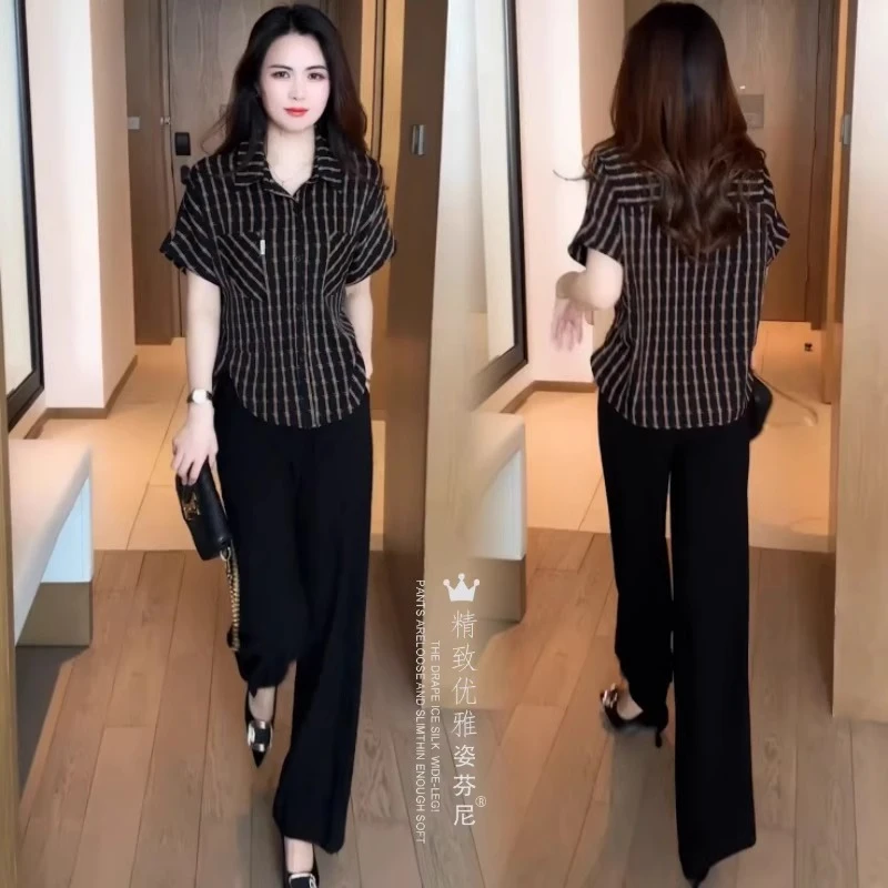 时尚条纹衬衫女夏季新款洋气显瘦百搭休闲减龄宽松短袖上衣小衫潮
