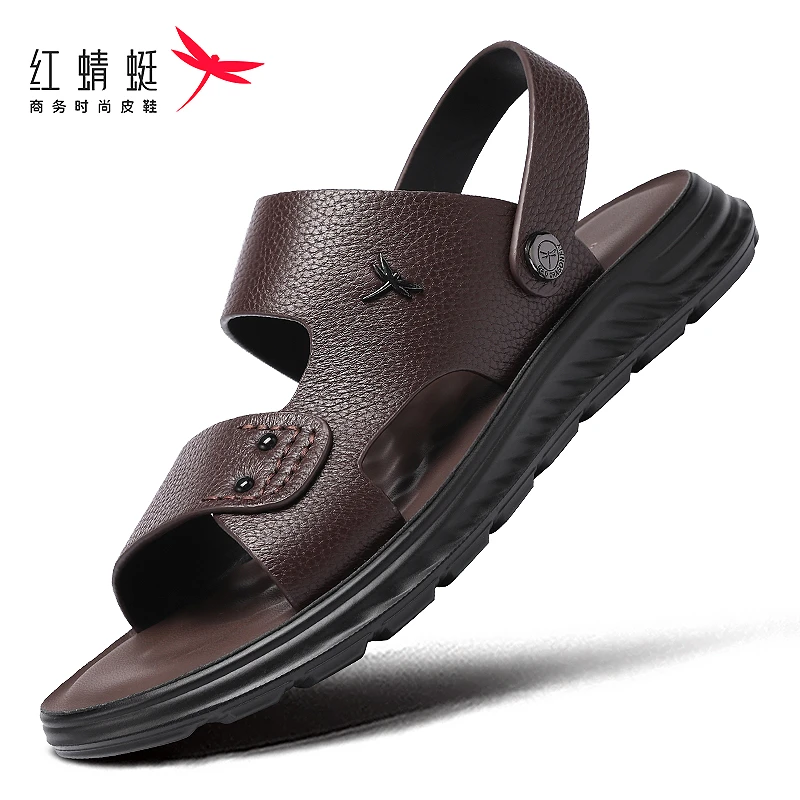 红蜻蜓真皮男士凉鞋透气头层牛皮户外沙滩鞋外穿休闲防滑防臭软底