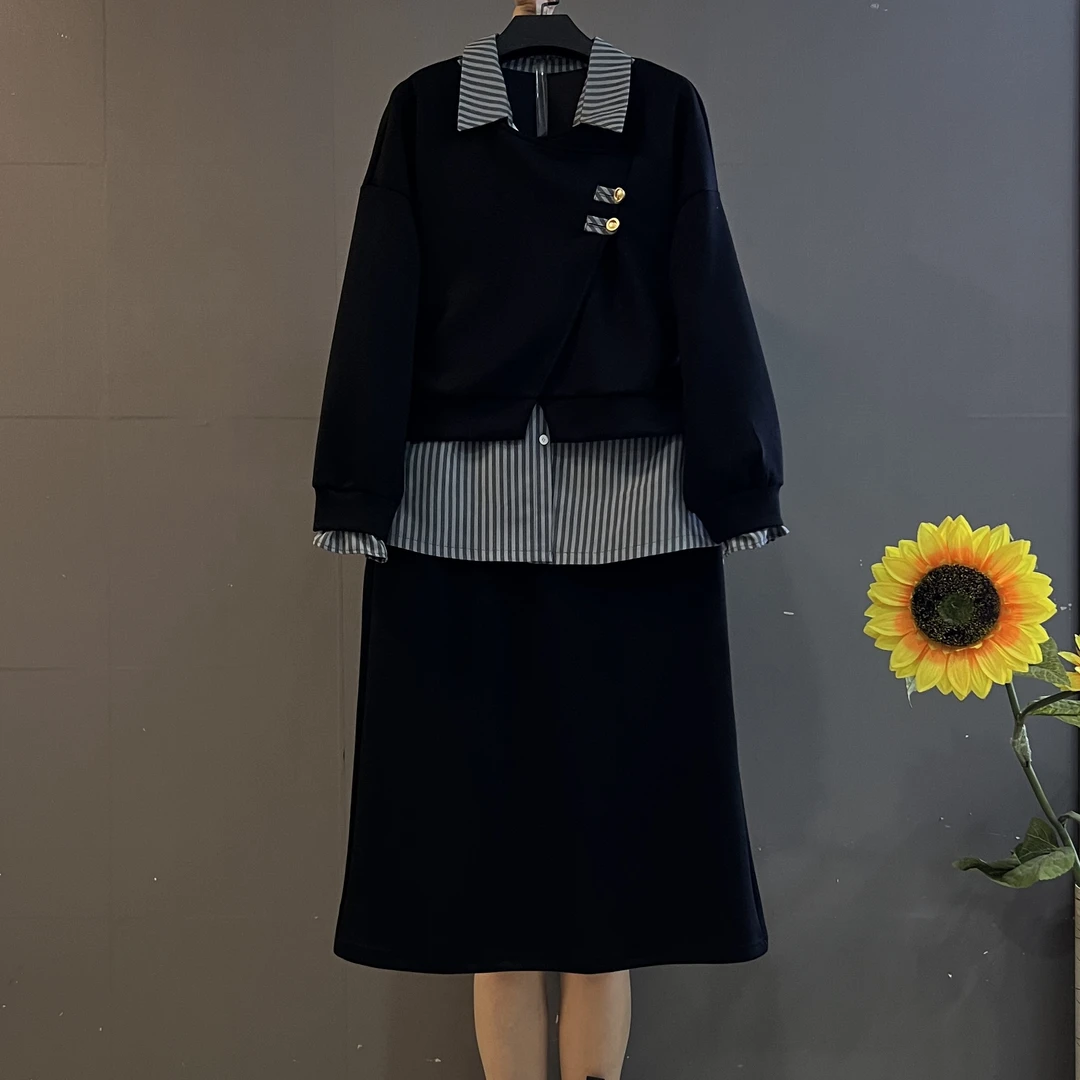 早秋微胖妹妹显瘦假两件卫衣衬衫➕半身裙两件套套装