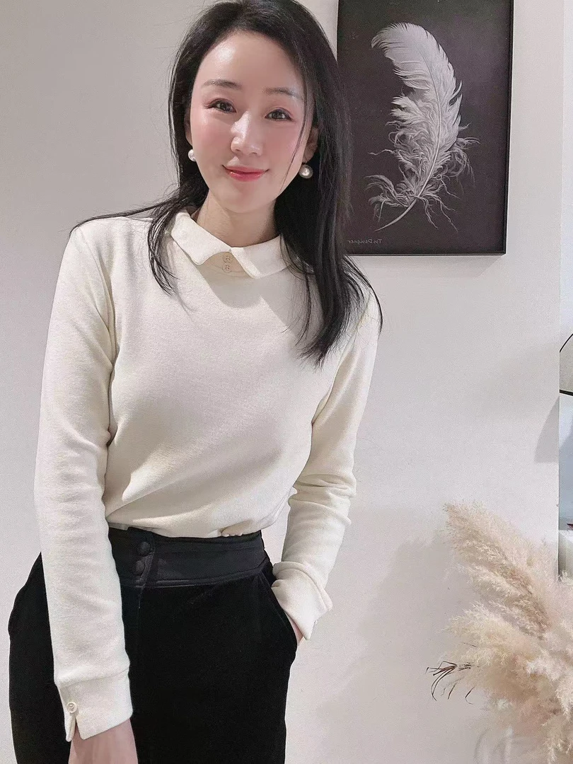 气质翻领德绒套头长袖上衣