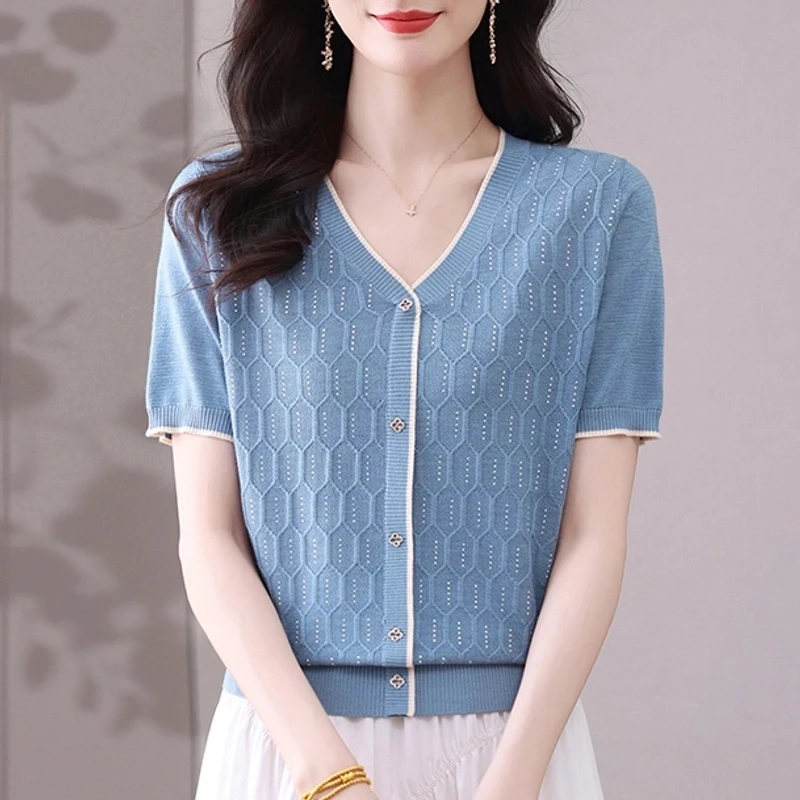 【天丝】纯色镂空提花V领假开衫薄款短袖女2025夏宽松洋气新款小衫