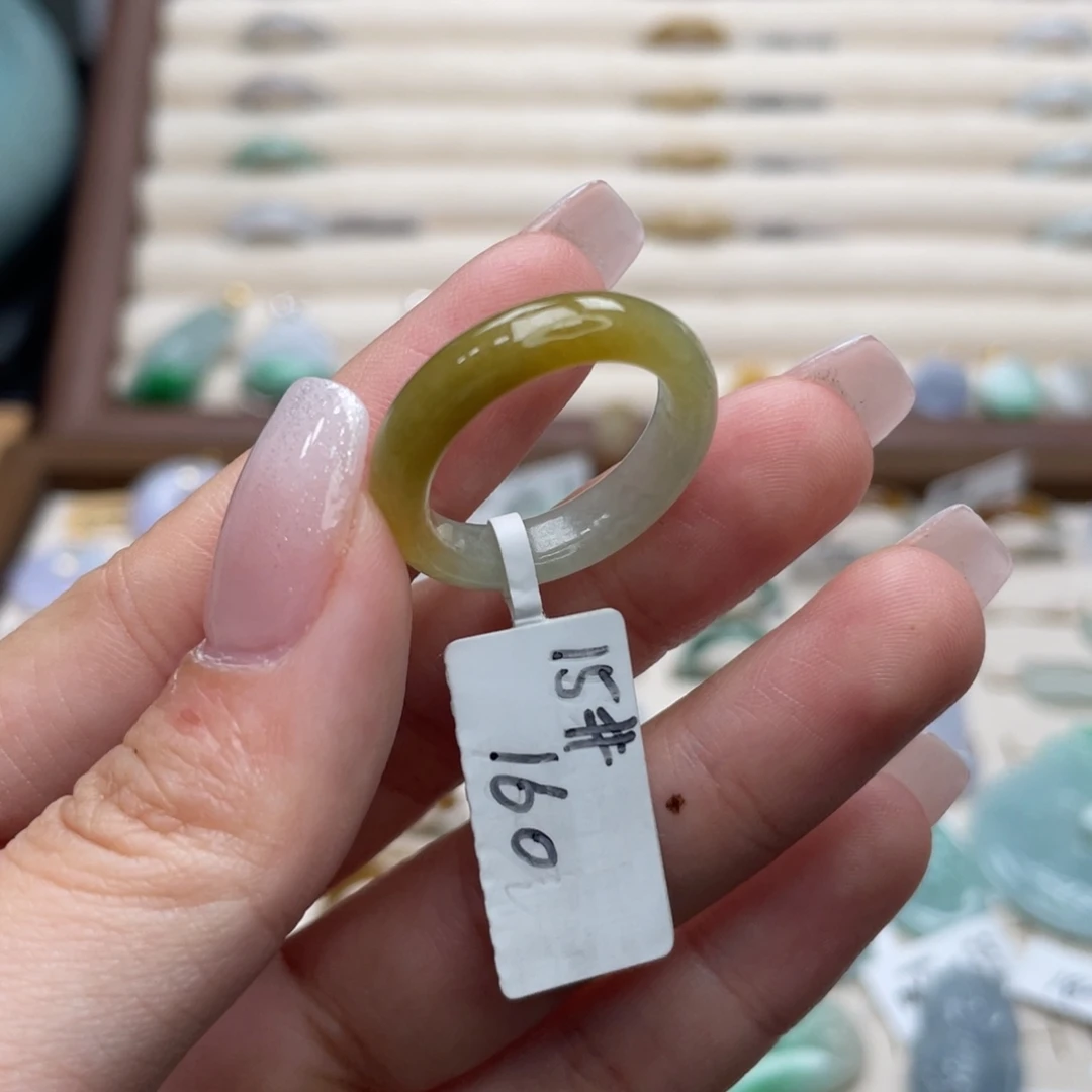 ****米翡翠未镶嵌戒圈a28港圈15黄加绿焦糖布丁