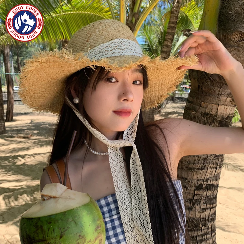 RUDY GOOSE法式蕾丝系带出游度假风草编遮阳帽夏季拉菲草帽沙滩帽
