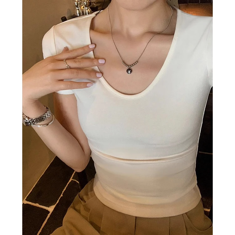 翰代维正肩u领短袖T恤女春夏季内搭修身显瘦小个子短款百搭上衣潮