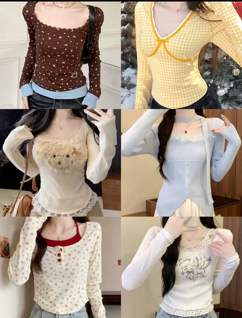 T恤针织纽扣性感设计感公主风纯欲长袖修身型仙女风