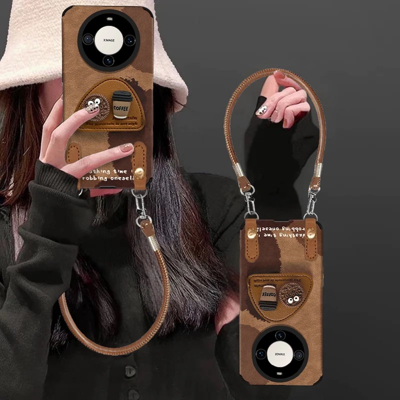 皮质煤球咖啡适用于华为mate80pro手机壳支架pura70瞳眼高级防摔