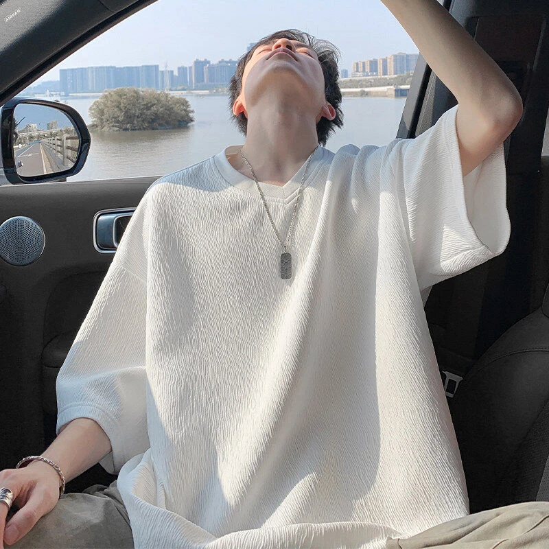 夏季潮流肌理感心形领宽松短袖T恤男大码简约透气休闲百搭半袖