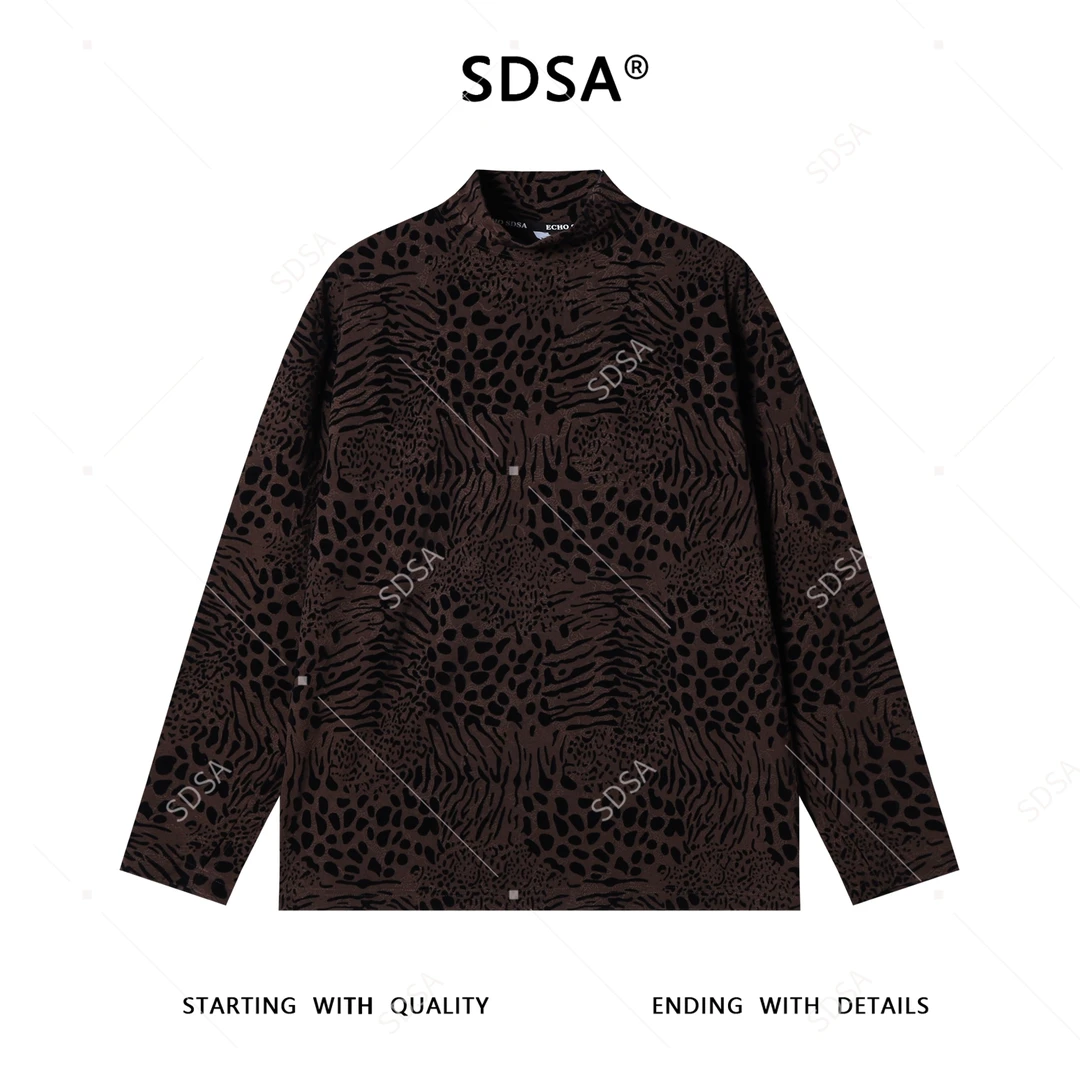 SDSA男士秋冬新款痞帅男装潮牌提花植绒豹纹半高领长袖T恤时尚潮