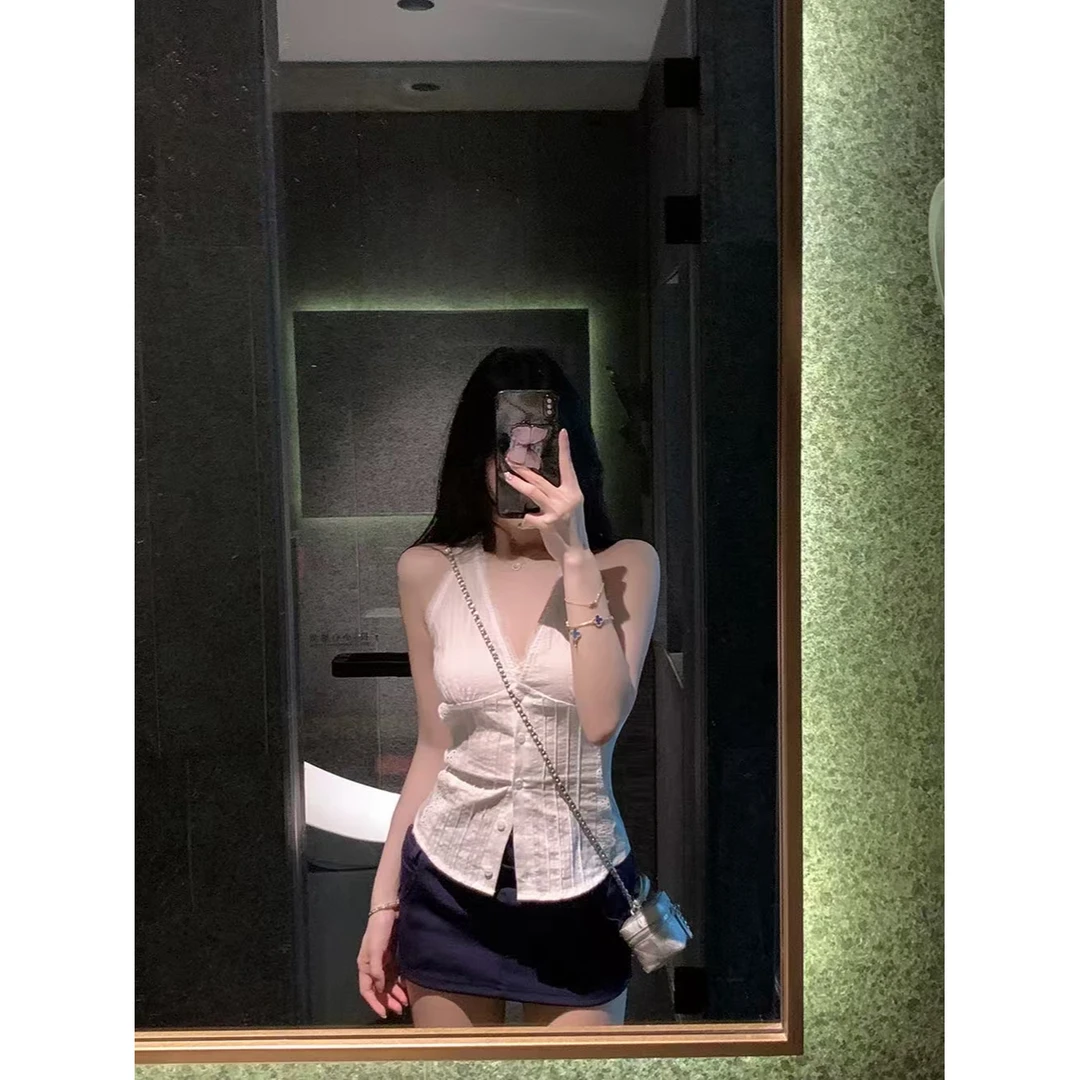 无袖白色蕾丝边吊带绝美半裙套装