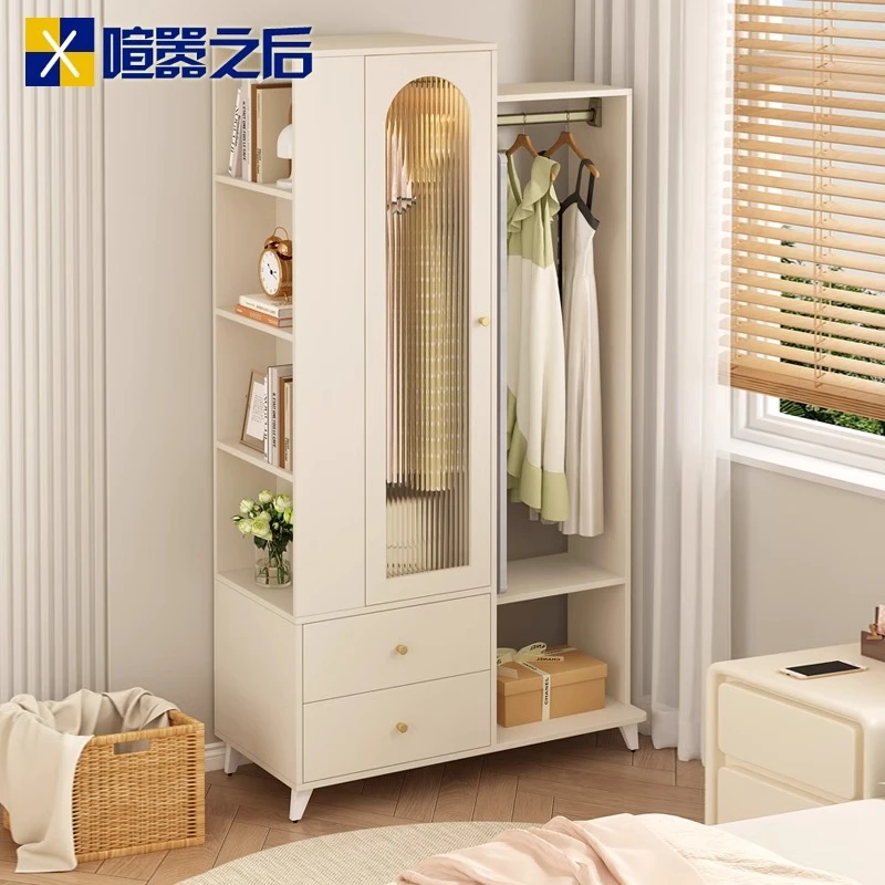 奶油风衣柜家用卧室床头柜挂衣架一体小户型落地衣帽架置物柜8A60