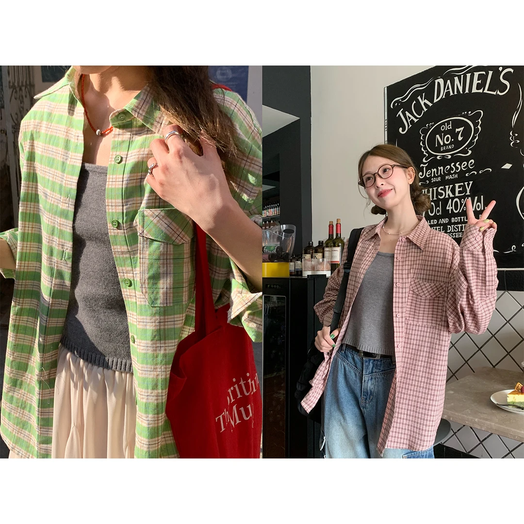 RAINY 落肩宽松门襟刺绣格纹衬衫春秋女百搭休闲早春衬衣格子上衣