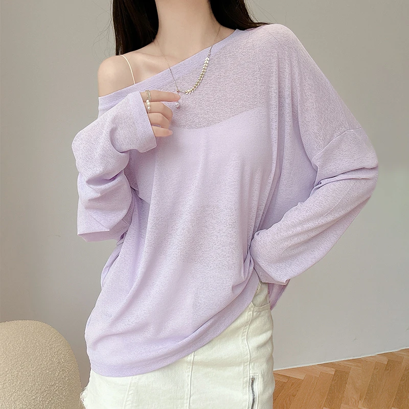 紫色软糯针织防晒罩衫女爆款2025新款冰丝透视网纱长袖打底衫上衣