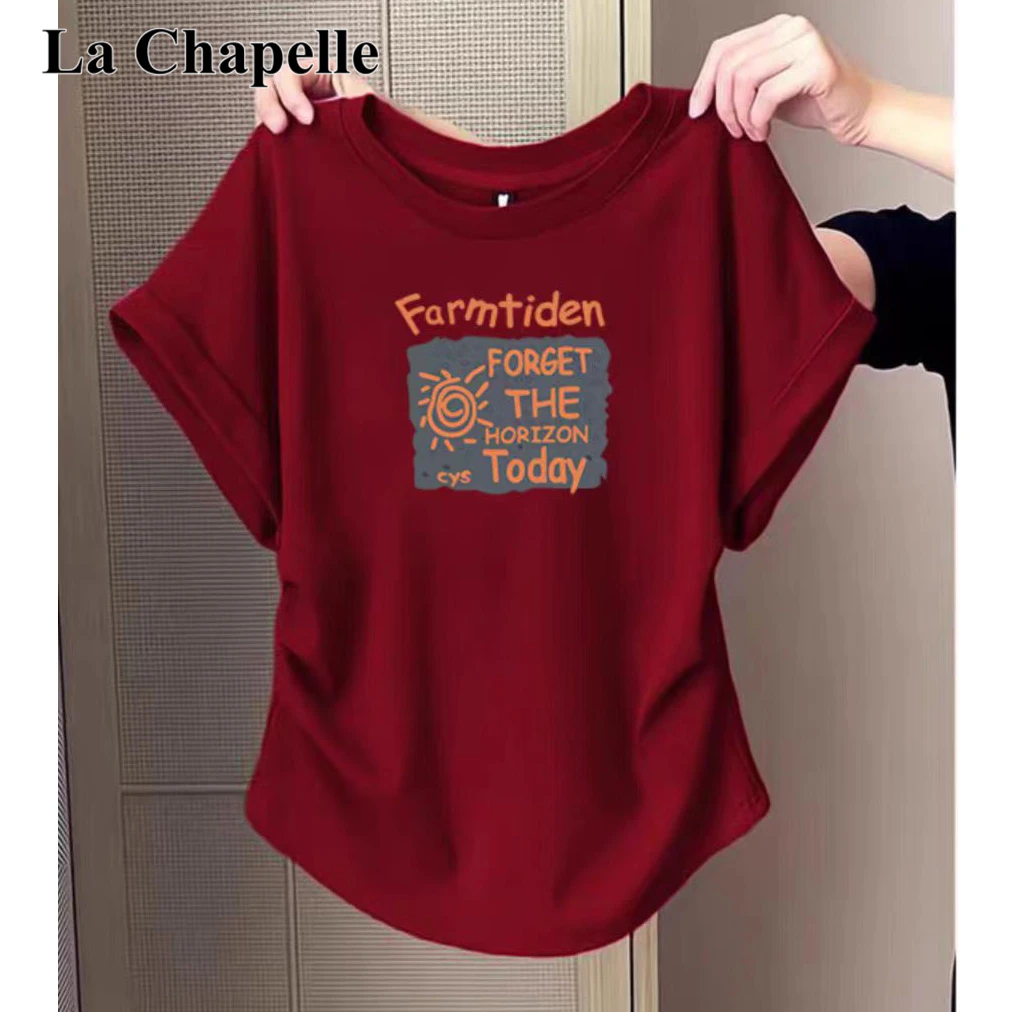 拉夏贝尔韩版褶皱收腰小飞袖短袖t恤女夏季新款修身显瘦T恤上衣潮