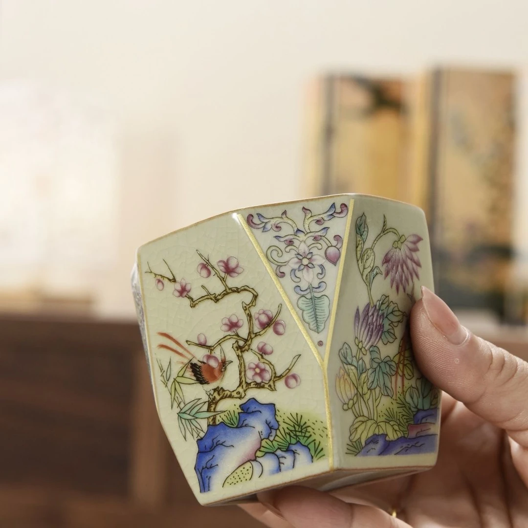 梅兰竹菊八方杯主人杯开片礼盒装