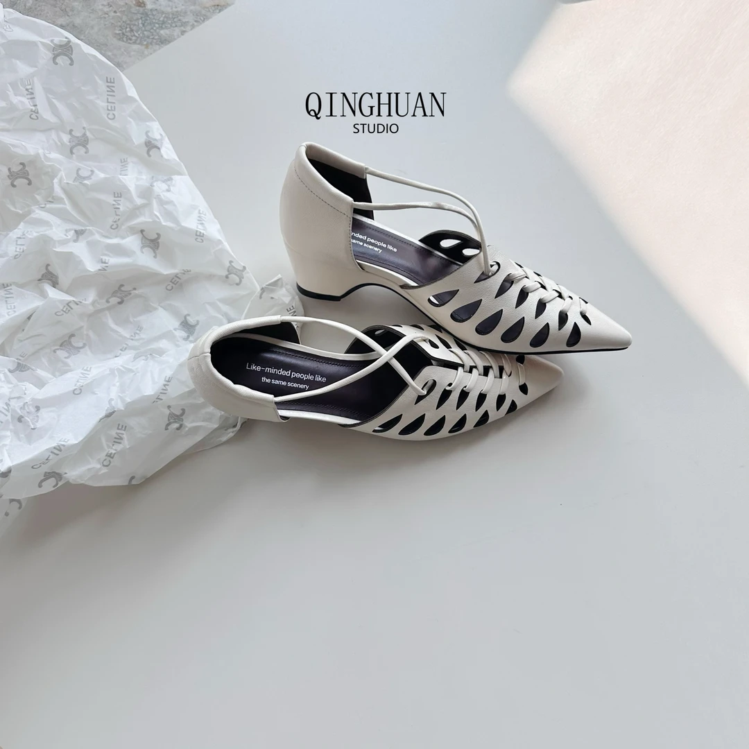 【清欢】镂空时尚尖头气质单鞋 | 交叉显瘦真皮透气粗跟 | 5cm