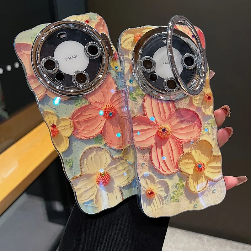 适用华为mate70系列新款手机壳高级油画花朵全包隐形支架镜头膜