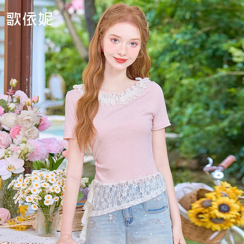 歌依妮夏季新款女甜美修身收腰花朵蕾丝小个子短袖T恤衫上衣体恤