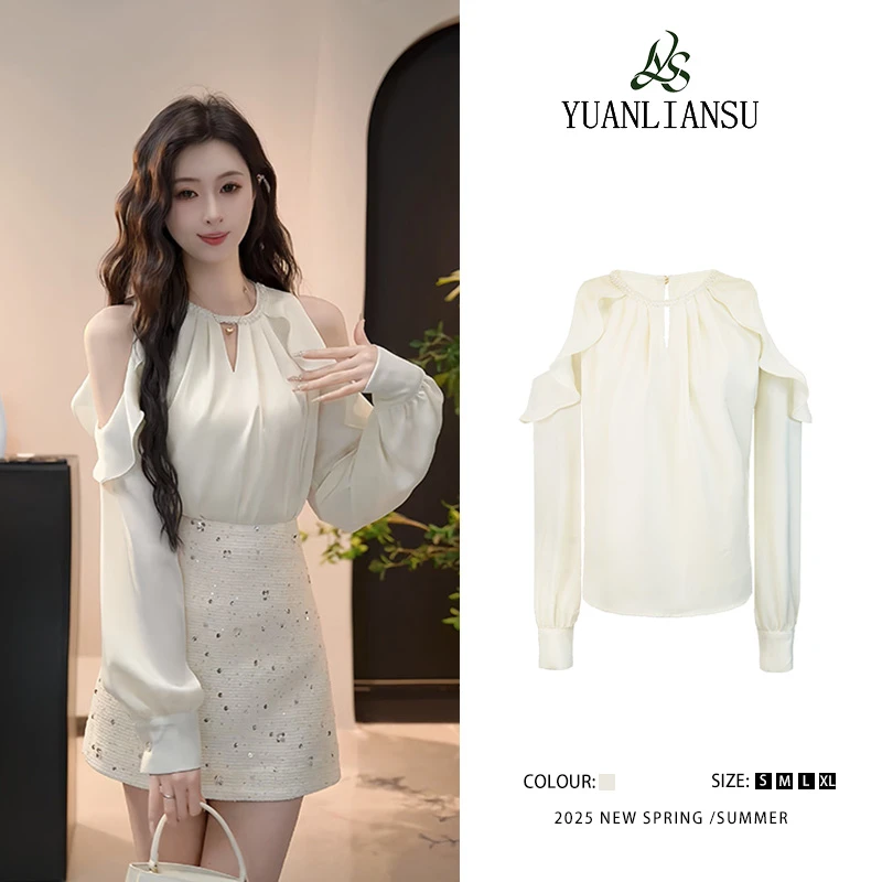 【玻璃泡沫】高级感圆领钉珠露肩长袖衬衫纯欲慵懒风女装女740