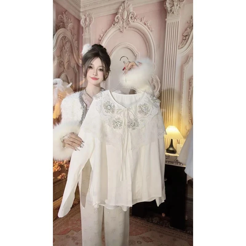 【崔】S0005欧式设计感长袖衬衫女娃娃领单排扣宽松时尚上衣