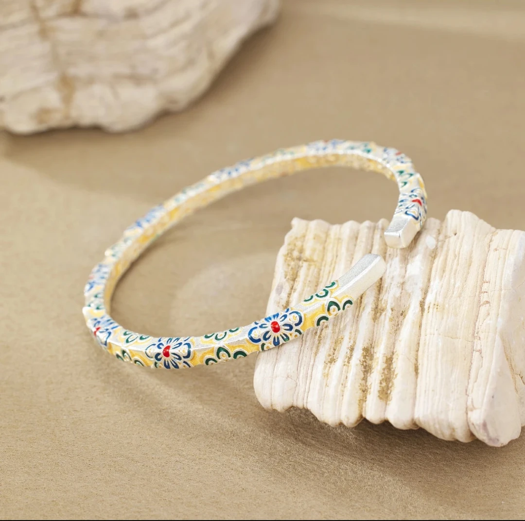 足银银制品 足银手镯【清货专用】古法描金宝相花轻奢国风开口镯A38