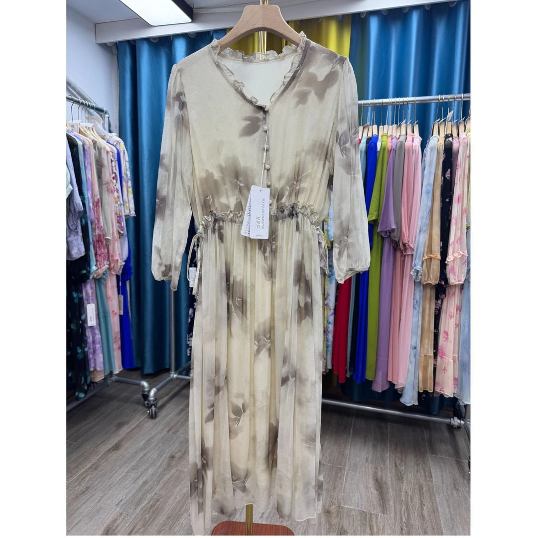 【编号201】115裙长100桑蚕丝荷叶领包扣桑蚕丝纯色气质感连衣裙