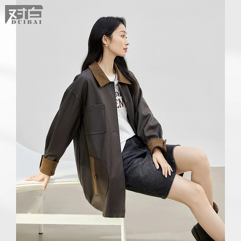 【臻臻专属】D01对白复古灯芯绒拼接皮衣宽松翻领夹克上衣FDW094