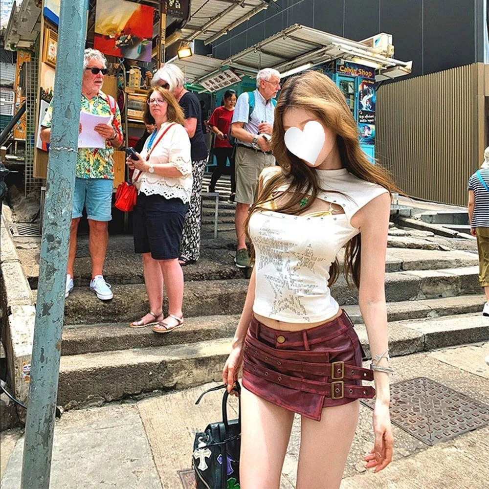 【现货】美式复古做旧不对称皮半身裙女夏季辣妹设计感包臀热辣短裙