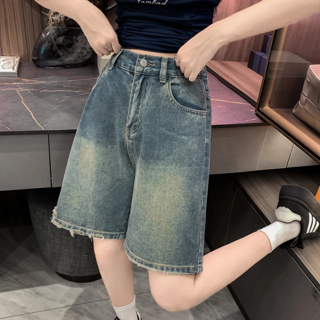 夏季大码胖mm牛仔短裤百搭简约高腰显瘦女生磨破洞设计学生五分裤