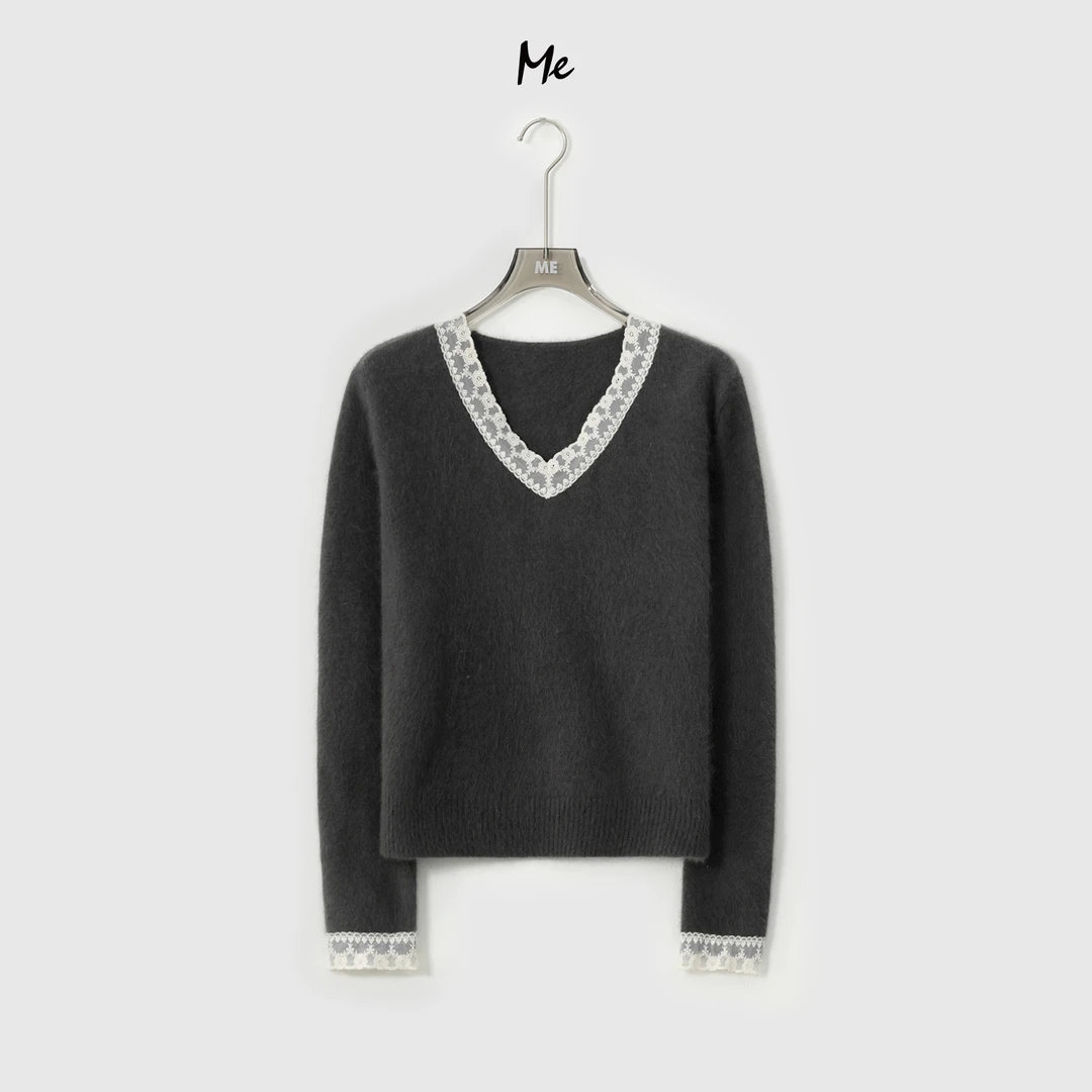ME【松饼蕾丝】绵羊毛混纺v领针织上衣显瘦长袖百搭毛衣MEQA2972