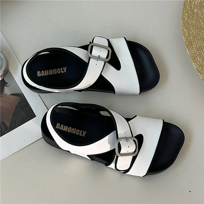 栢香妮BAHONGLY设计感凉鞋女2025夏季新款平底防滑休闲爆款罗马鞋