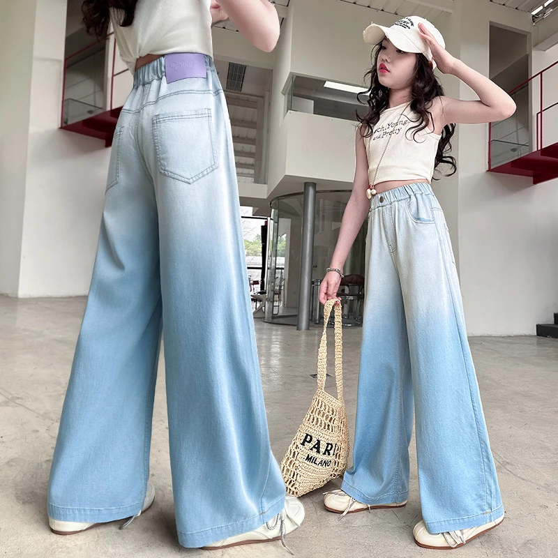 女童天丝棉牛仔裤夏季薄款大童夏天阔腿裤儿童防蚊长裤初中生裤子