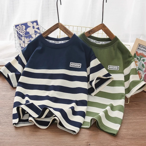 23009夏款圆领条纹短袖时尚潮流百搭新款