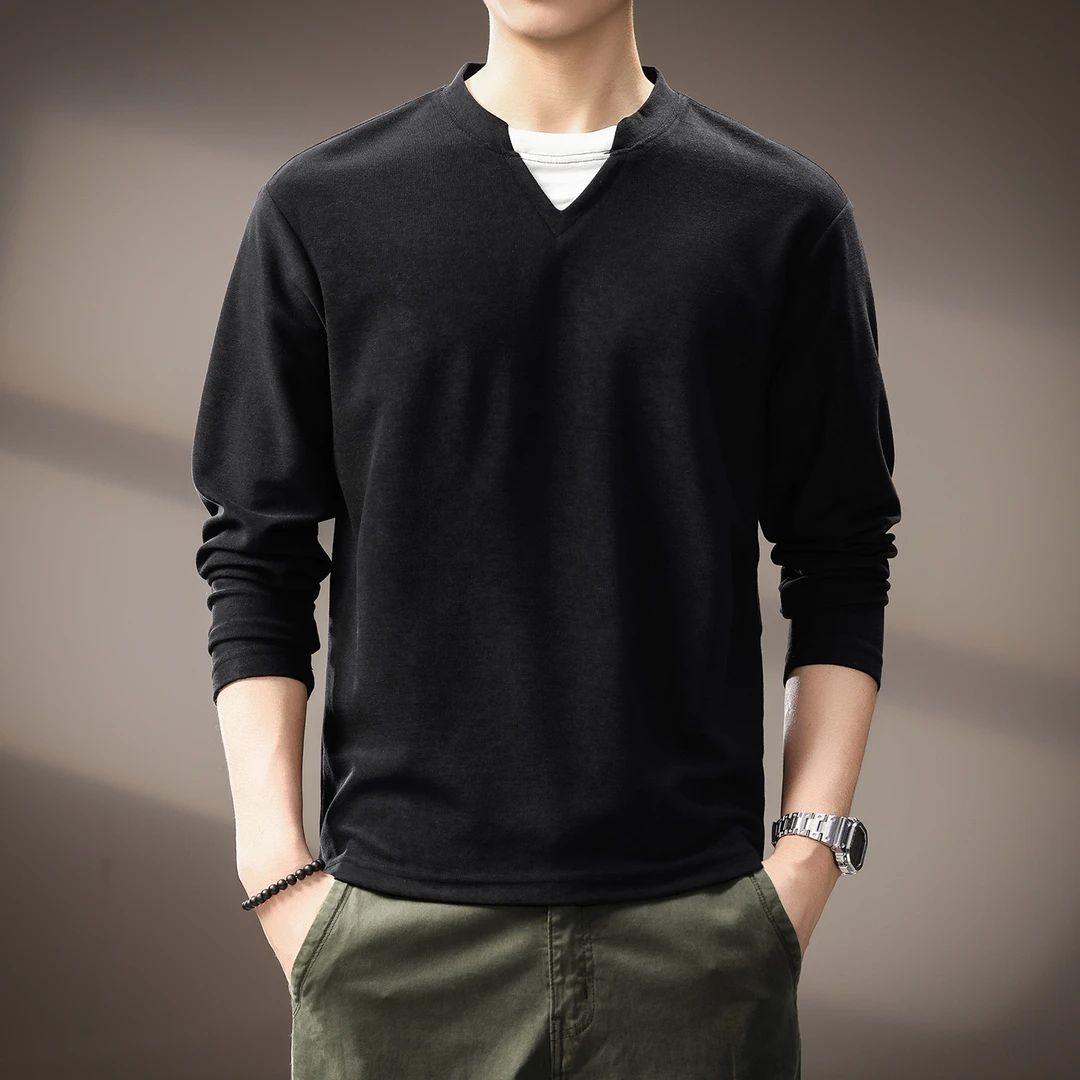 高端日系简约假两件V领长袖T恤男秋季新款宽松潮流百搭休闲打底衫