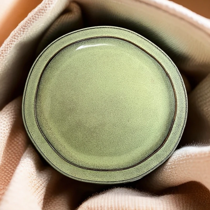 正品大盘复古家用简约陶瓷绿色异形圆盘宽边辣3508干泡手工窑变