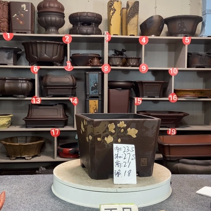 宜兴紫砂花盆四方全手工手绘精品