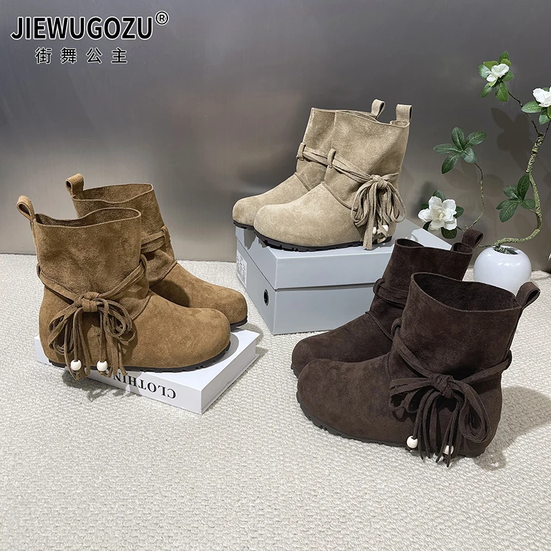 【莱莱】内增高5CM卡皮巴拉短靴女2025新款秋季百搭复古棕色瘦瘦靴