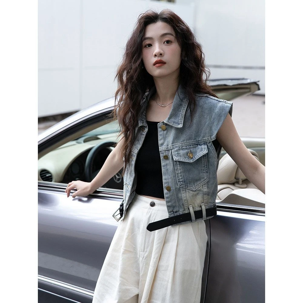 牛仔马夹背心女2025新款夏季美式牛仔无袖马甲短款上衣外套女款