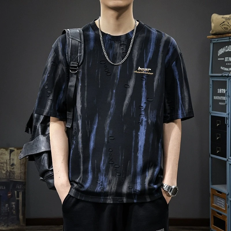 JJ美式复古水墨印花短袖T恤男2025春季凉感宽松大码速干半袖体恤