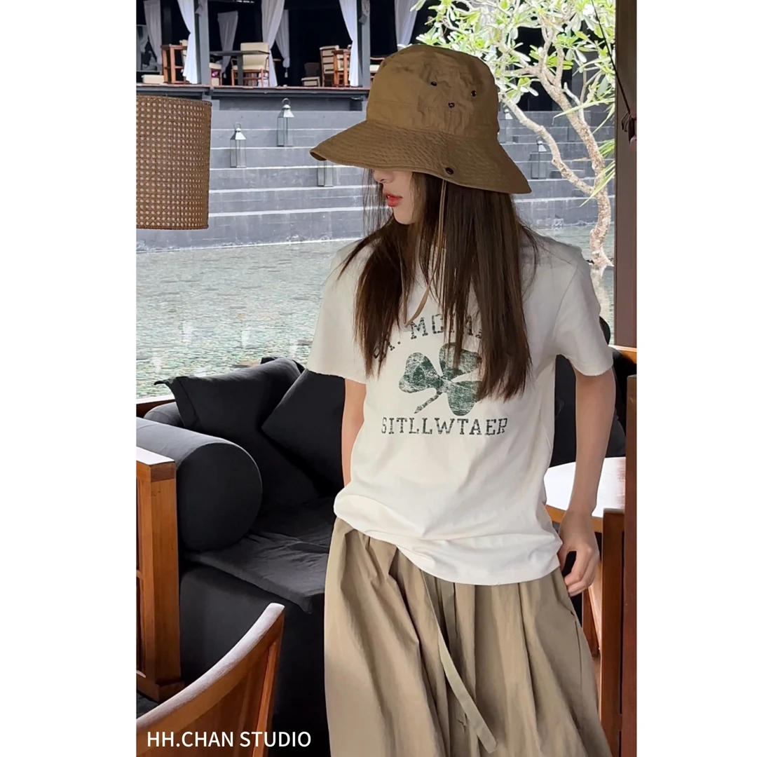 HH.CHAN“四叶草”100%棉2025百搭T恤定制四叶草印花夏季圆领短袖