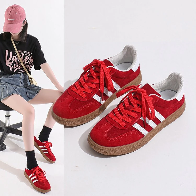 2025新款复古红色德训鞋女春平底休闲板鞋运动阿甘鞋