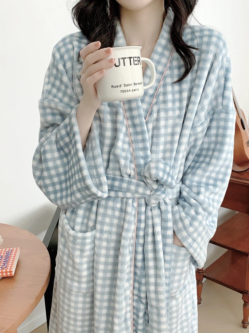 韩国ins撞色格子珊瑚绒浴袍女款秋冬季中长款睡衣睡袍晨袍可外穿