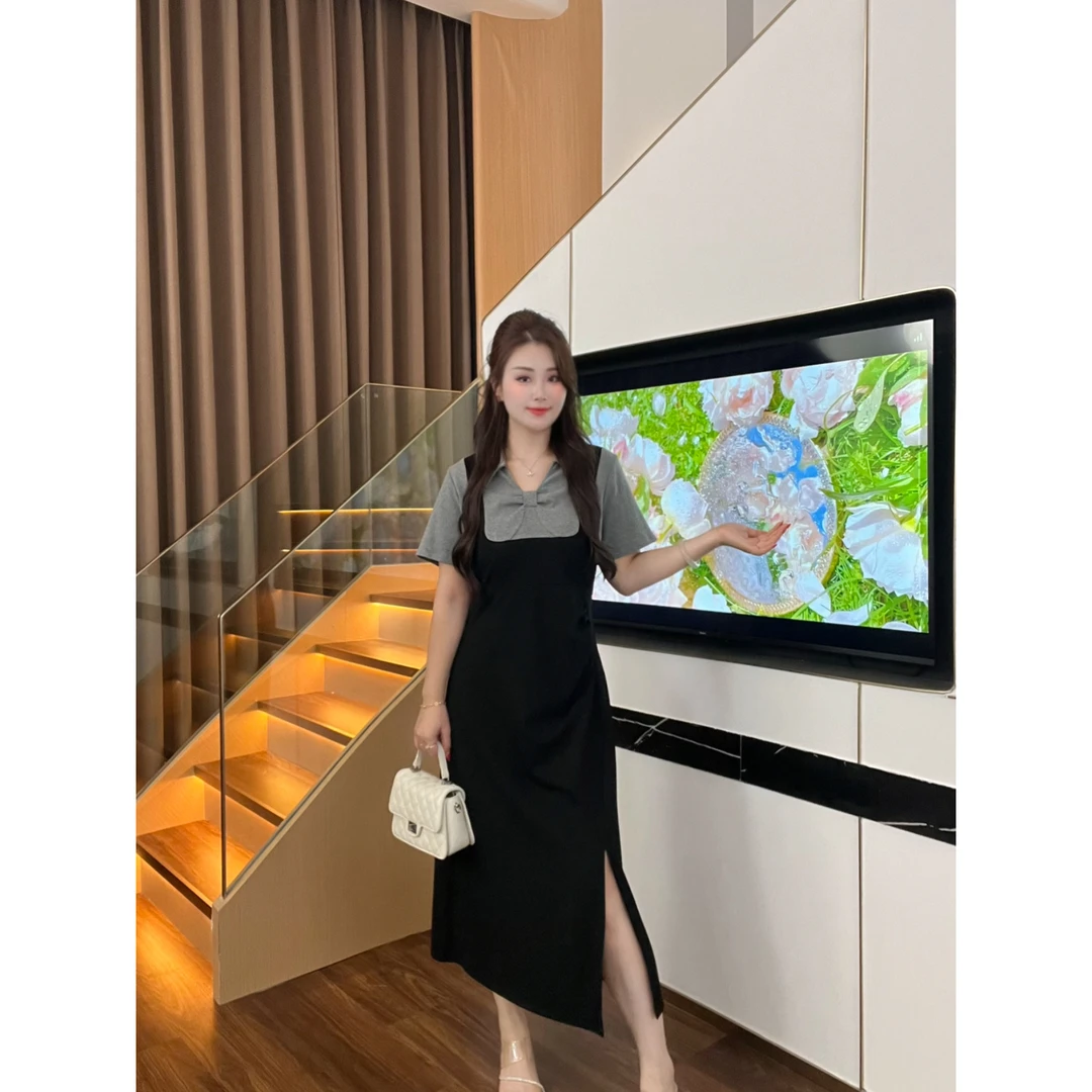 潇潇微胖定制~【法式休闲】拼接假两件减龄收腰显瘦连衣裙LHC1420