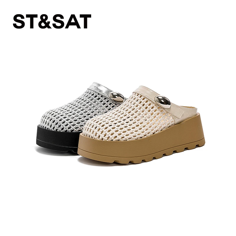 星期六夏季女式镂空时尚百搭休闲厚底高跟日系英伦风一脚蹬包头拖