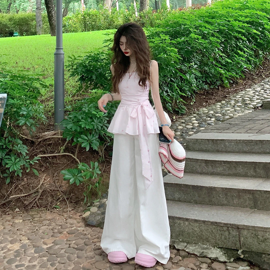 纯欲粉色碎花抹胸吊带背心女夏季外穿绑带收腰显瘦设计感无袖上衣