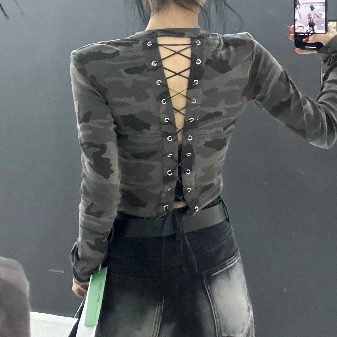 YUYU女装春装新款时尚个性后背绑带迷彩上衣T