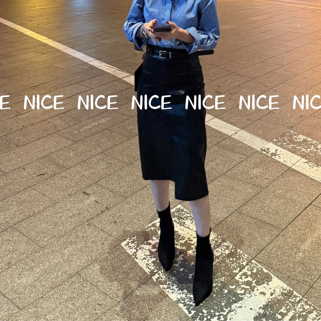 NICE 【黑色宣言】复古高腰显瘦皮质半身裙