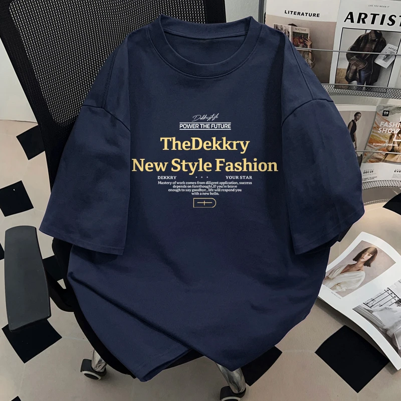 Dekkry美式嘻哈风创意字母印花夏季藏青色纯棉短袖男女款t恤上衣