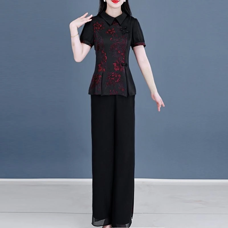 夏季出行穿搭旗袍式上衣微喇叭裤套装女年轻妈妈国风减龄高档品牌